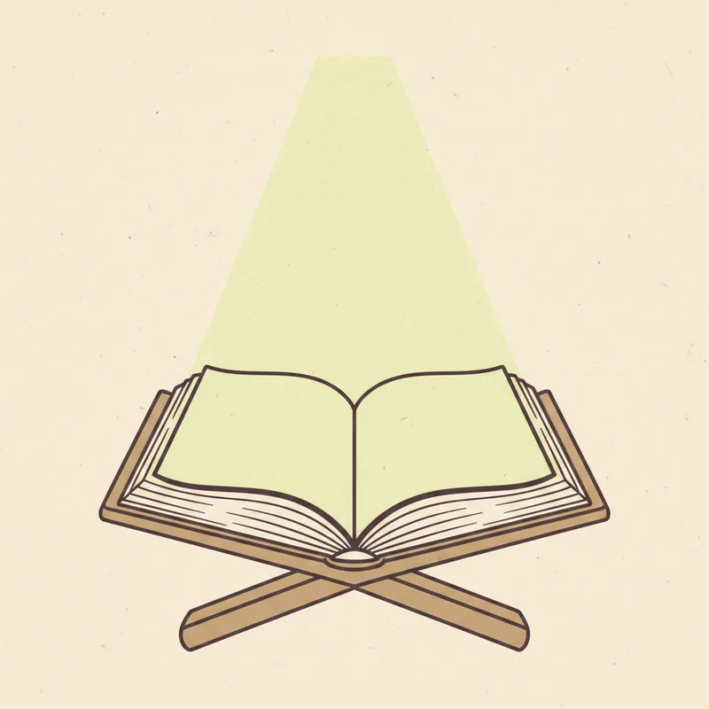 An open book on a stand with a pale green beam of light rising from its pages