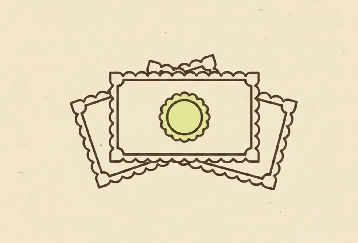 Three overlapping certificates with scalloped edges, the top one stamped with a round seal
