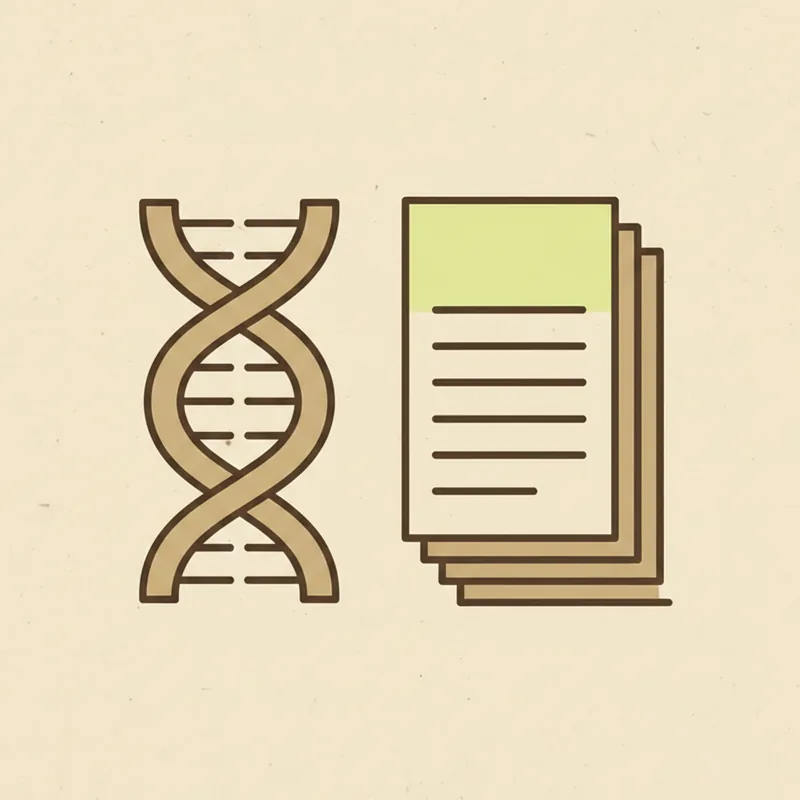 A DNA helix beside a stack of ruled paper sheets, the top sheet tinted pale green