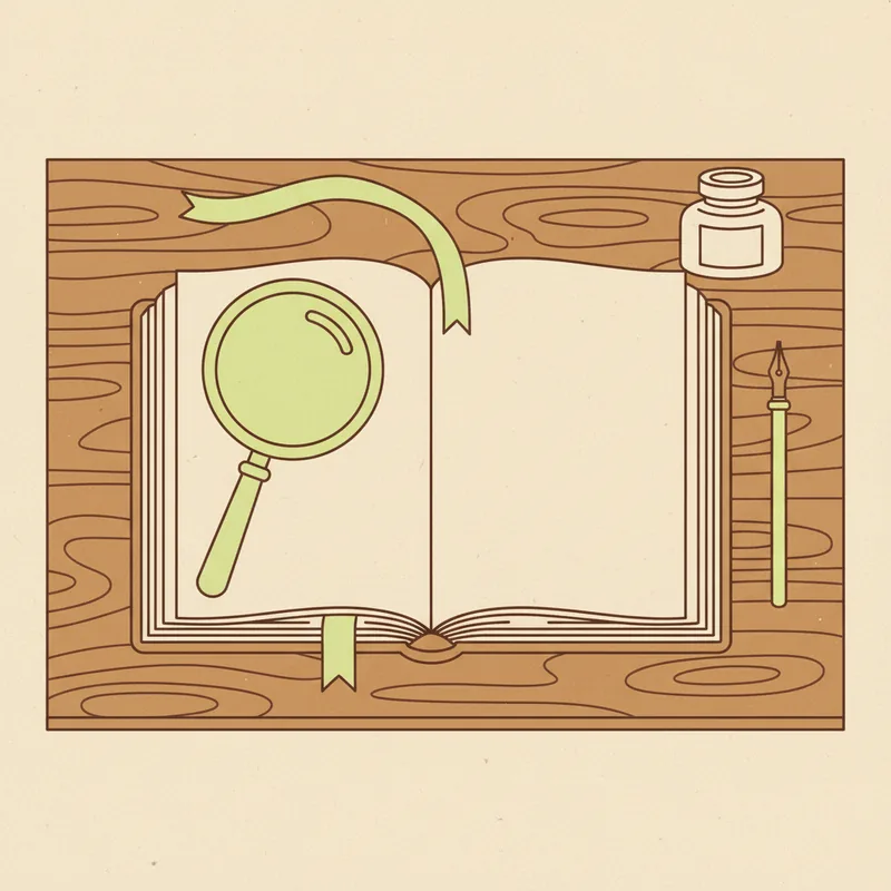 An open book with blank pages on a wooden table, a magnifying glass resting on the left page and a pale green ribbon bookmark trailing over it, an inkwell and a dip pen beside the book