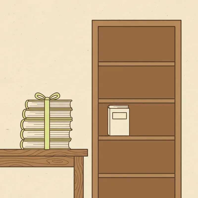 A stack of closed hardback books tied with a pale green ribbon and bow on a wooden table, beside a tall bookcase holding one matching book alone on its middle shelf