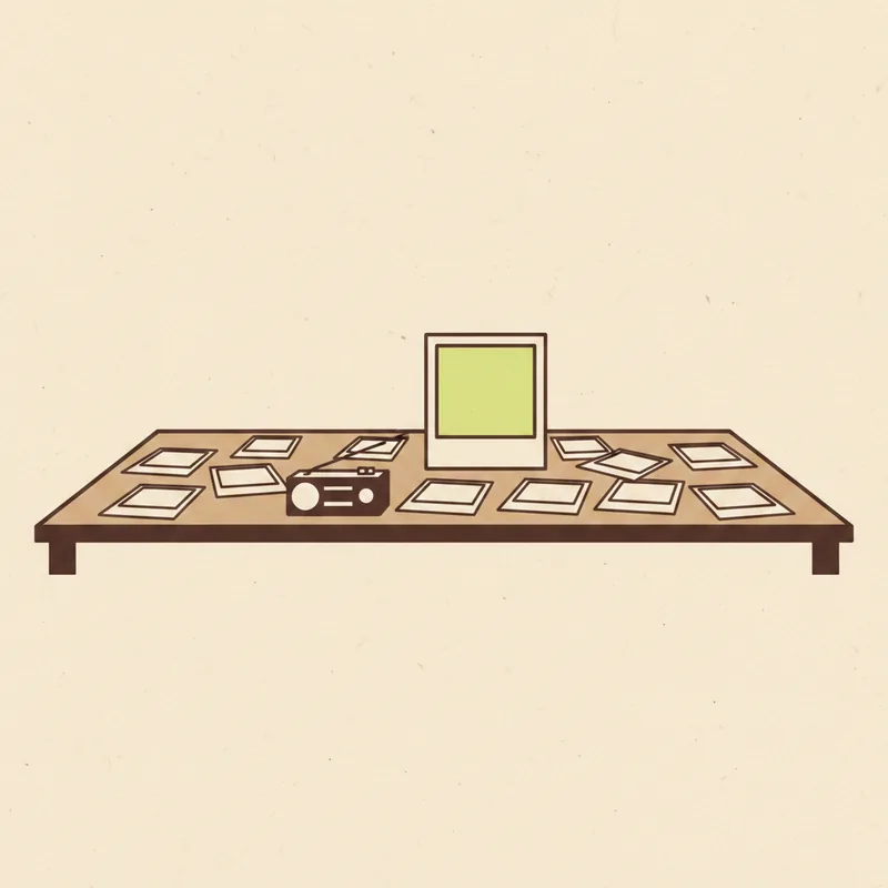 A low table scattered with blank square photo prints, one print standing upright and tinted pale green, a small tape recorder resting among them