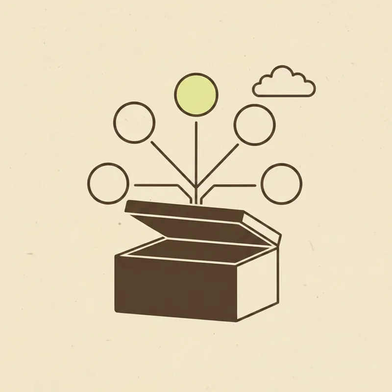A squat desk box with its lid tilted open, plain circles branching upward out of the opening on thin lines, the top circle tinted pale green, one cloud outline off to the upper right