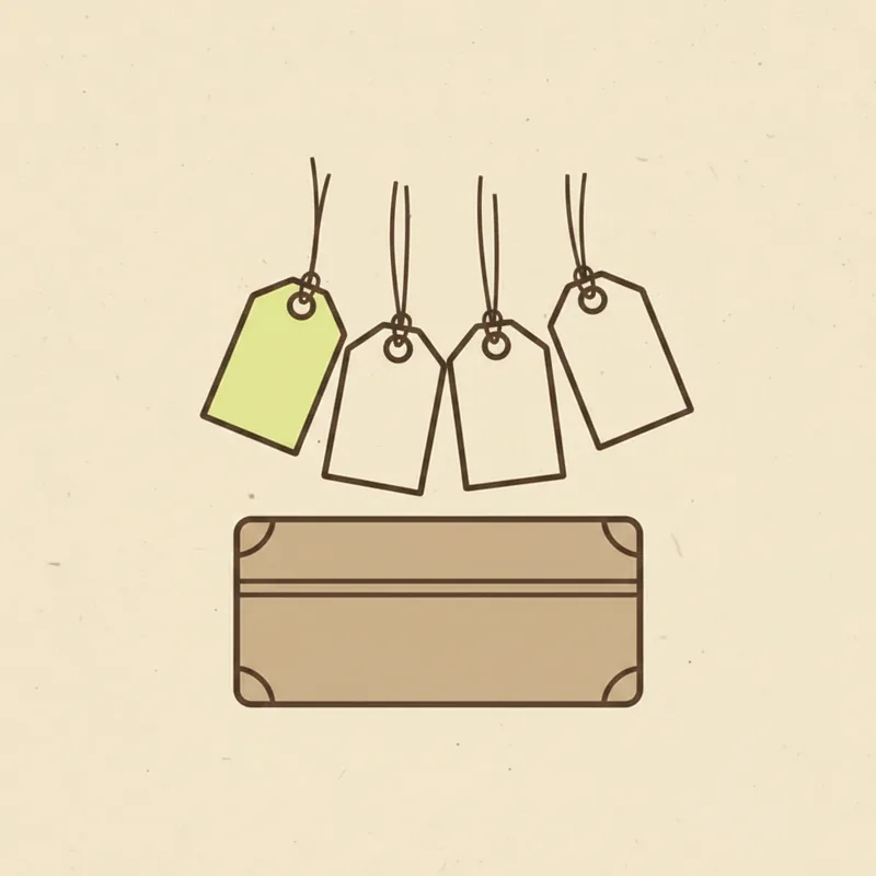 Four blank luggage tags hanging on separate strings at descending heights above a closed trunk, the leftmost tag tinted pale green