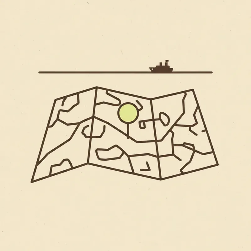 A folded paper map marked with one pin, a small ship on the horizon line above it