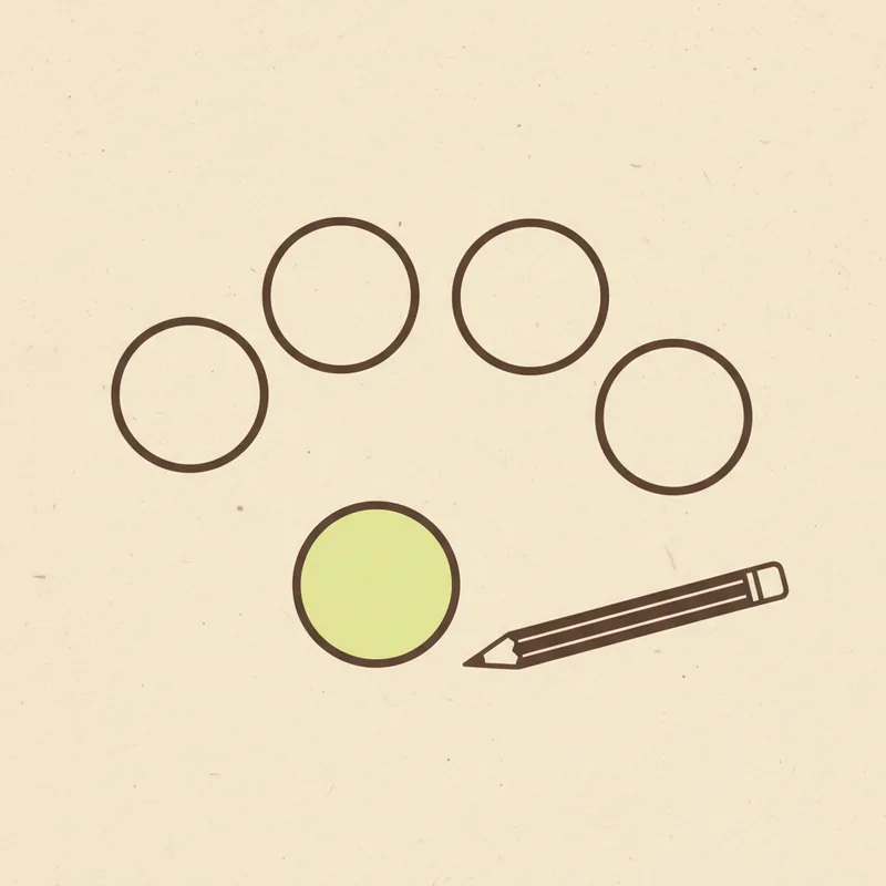 Five outlined circles in an arc with one filled circle and a pencil beside them