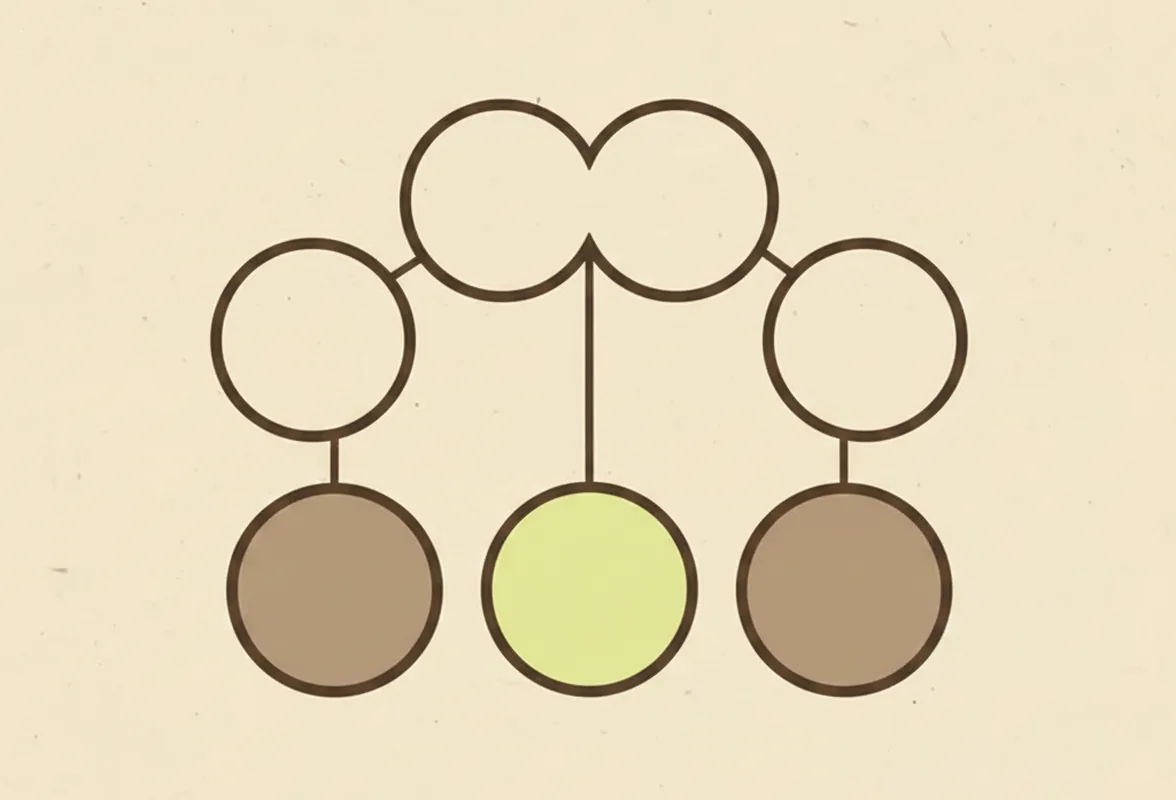 Three tiers of circles joined by short lines, one circle in the lower tier filled in