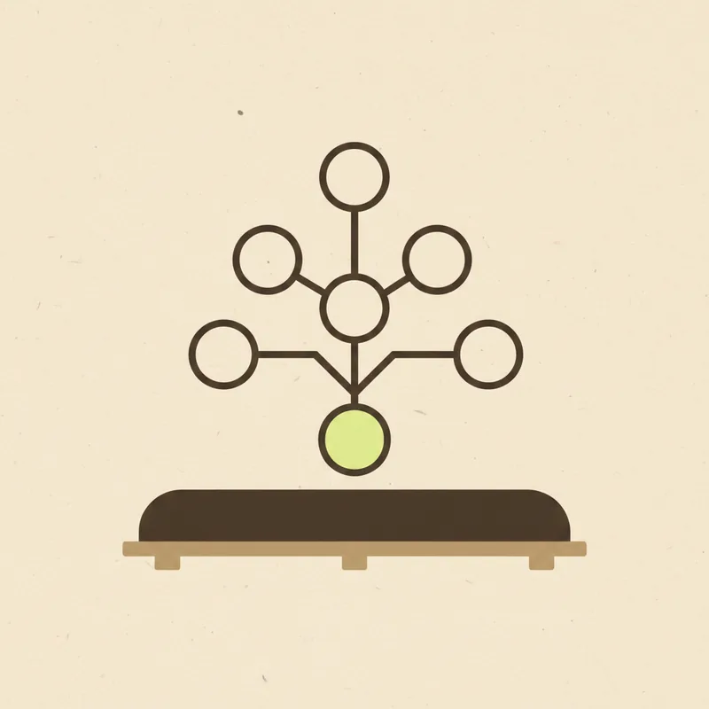 A branching diagram of plain circles floating above a wide flat slab on a low stand, the lowest circle tinted pale green