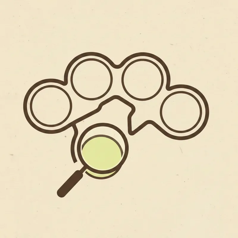 A route line looping through large circle stops, a magnifier resting on the lowest stop tinted pale green