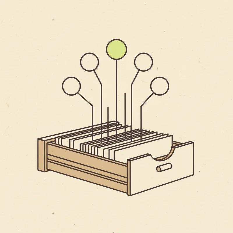 A long card-index drawer pulled open with blank upright cards inside, thin lines rising from the cards to plain circles above, one circle tinted pale green
