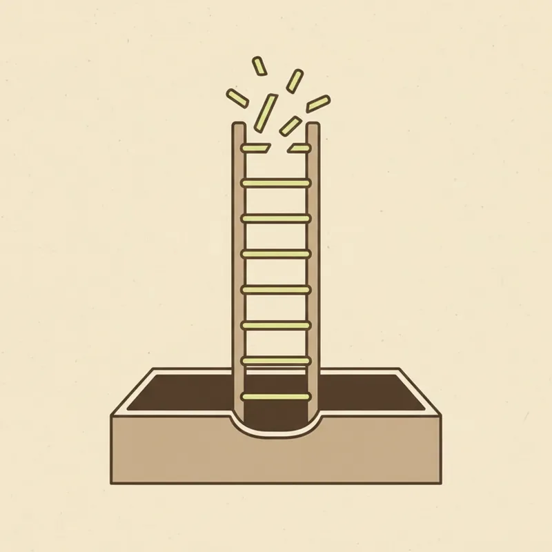 A ladder standing upright in a wide shallow drawer, its lower rungs evenly spaced and solid, the topmost rungs snapped off with loose broken pieces scattered in the space above