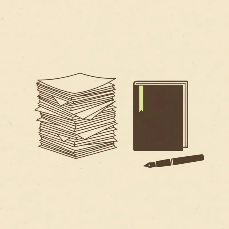 A tall stack of loose blank paper sheets on the left and a single closed dark booklet on the right with a pale green ribbon bookmark, a fountain pen lying just below it