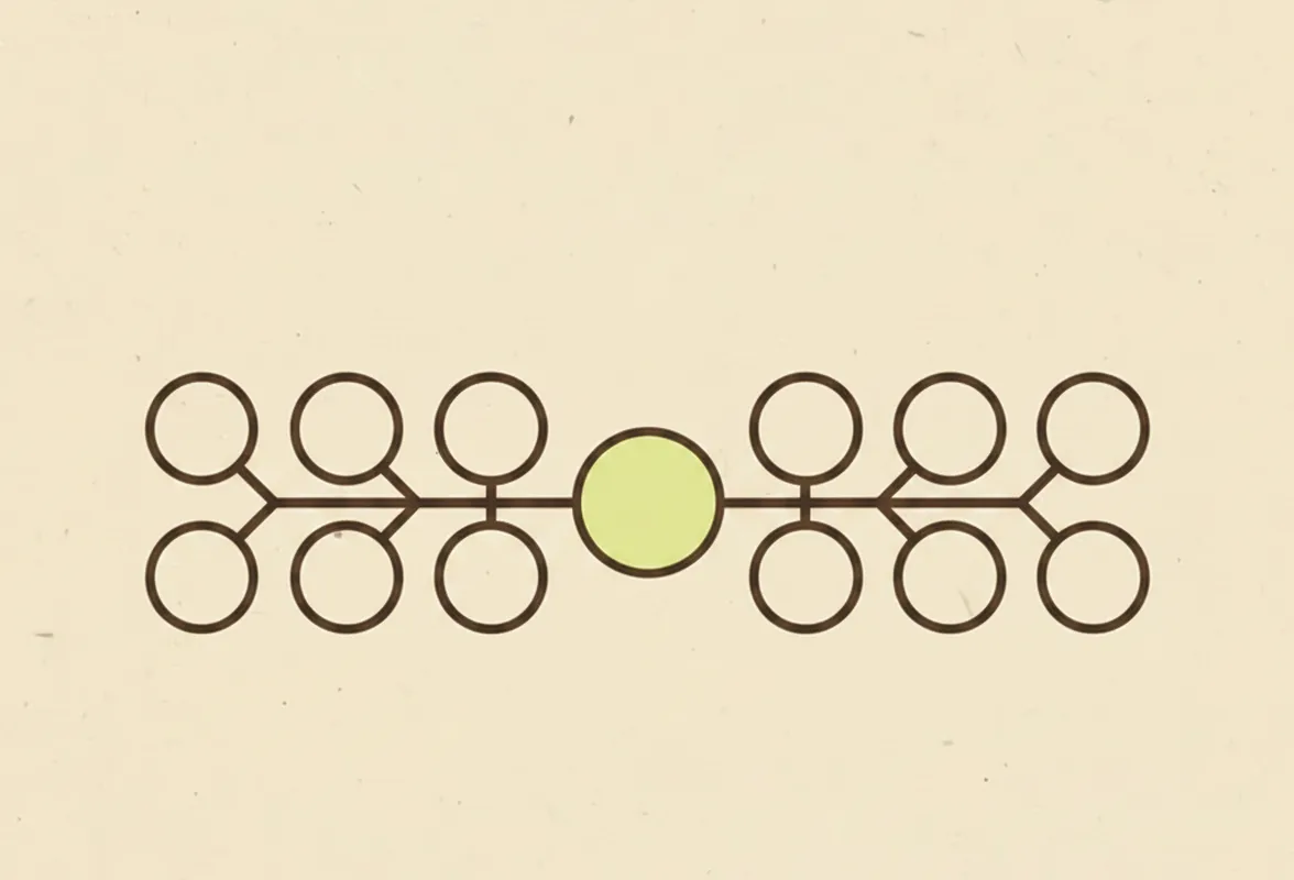 A wide row of outlined circles branching sideways from one filled circle