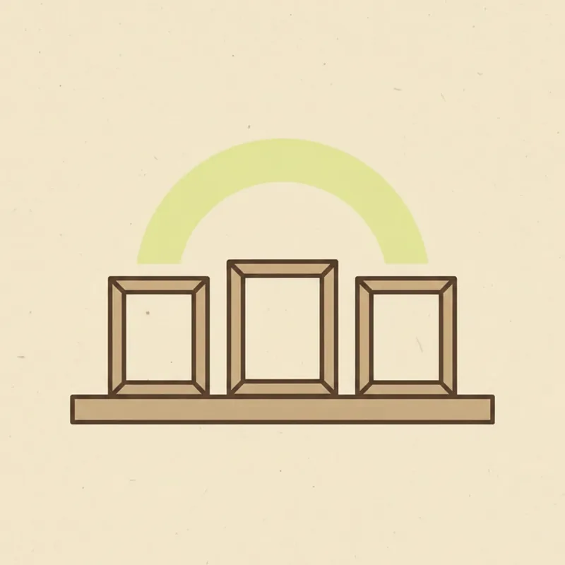 Three empty picture frames on a shelf with a pale green arc above the middle one