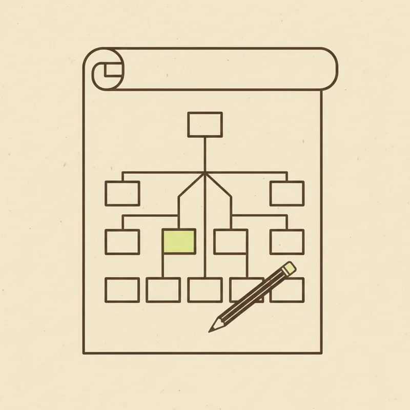 A large sheet of paper with its top edge curled into a roll, carrying a branching chart of blank boxes on thin lines, one box tinted pale green, a pencil lying diagonally across the lower boxes