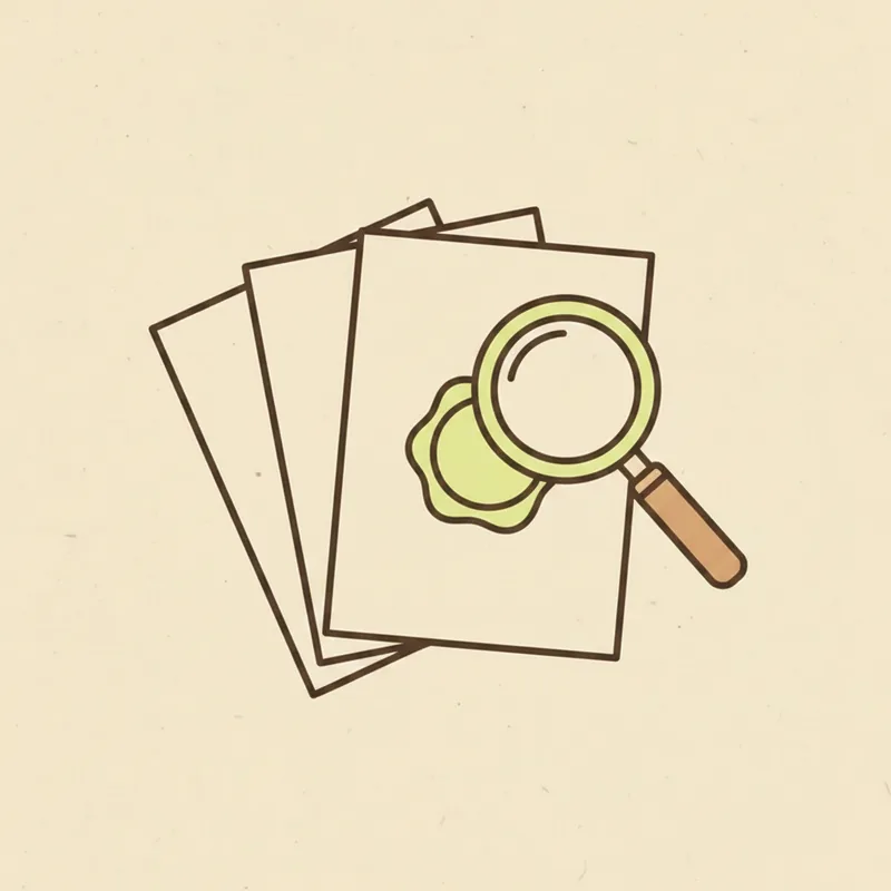 Three fanned sheets of paper, the top one bearing a wax seal, with a magnifier across the corner
