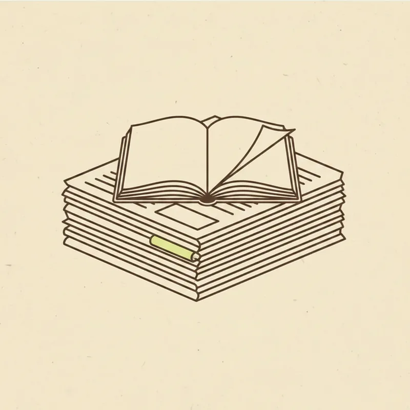 An open book resting on a stack of folded newspaper sheets, a pencil lying across the stack