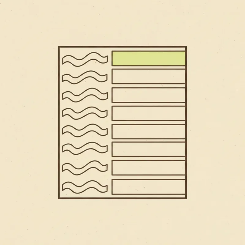 One paper sheet ruled into rows, loose wavy lines down the left half and blank outlined bars down the right, the top right bar tinted pale green