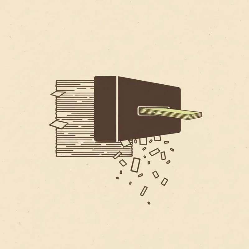 A thick stack of ruled paper on the left feeding into a dark angled slot, a much thinner pale green stack emerging from the far side, with small loose scraps scattering downward below