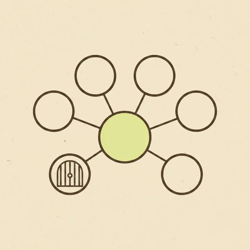 Six plain circles joined by thin lines to one larger circle at the centre tinted pale green, a closed gate sitting inside the lower-left circle